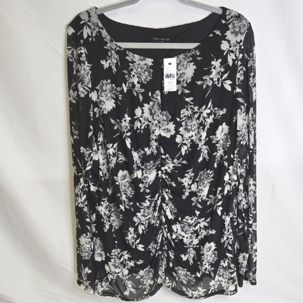 Lane Bryant Fitted Ruched-Front Mesh Long Sleeve Top,‎ Black/White, Size 26/28
